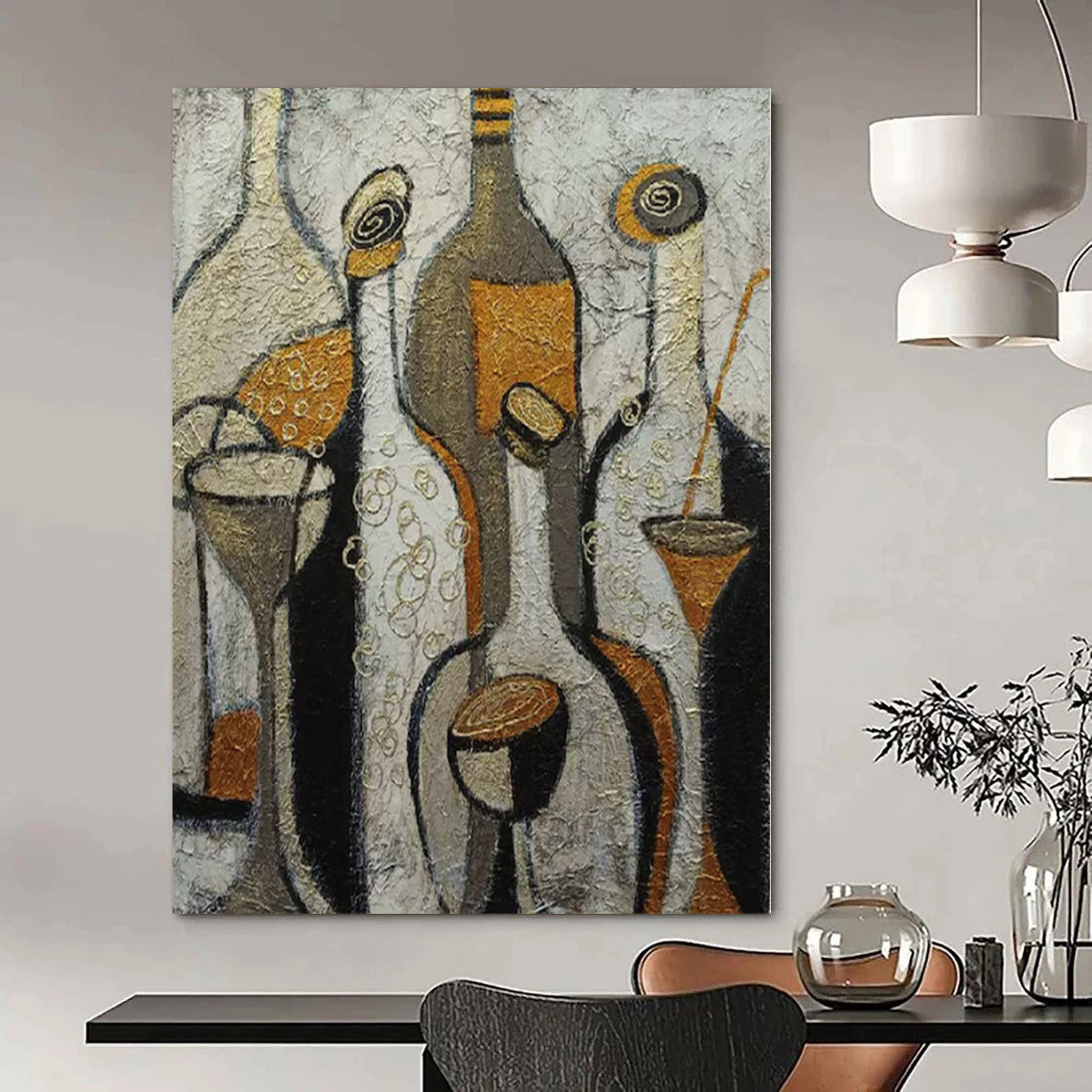 Beige, Gold, Black with Stylized Bottles "Vintage Soiree" Abstract Still - Life Painting On Canvas PS1193