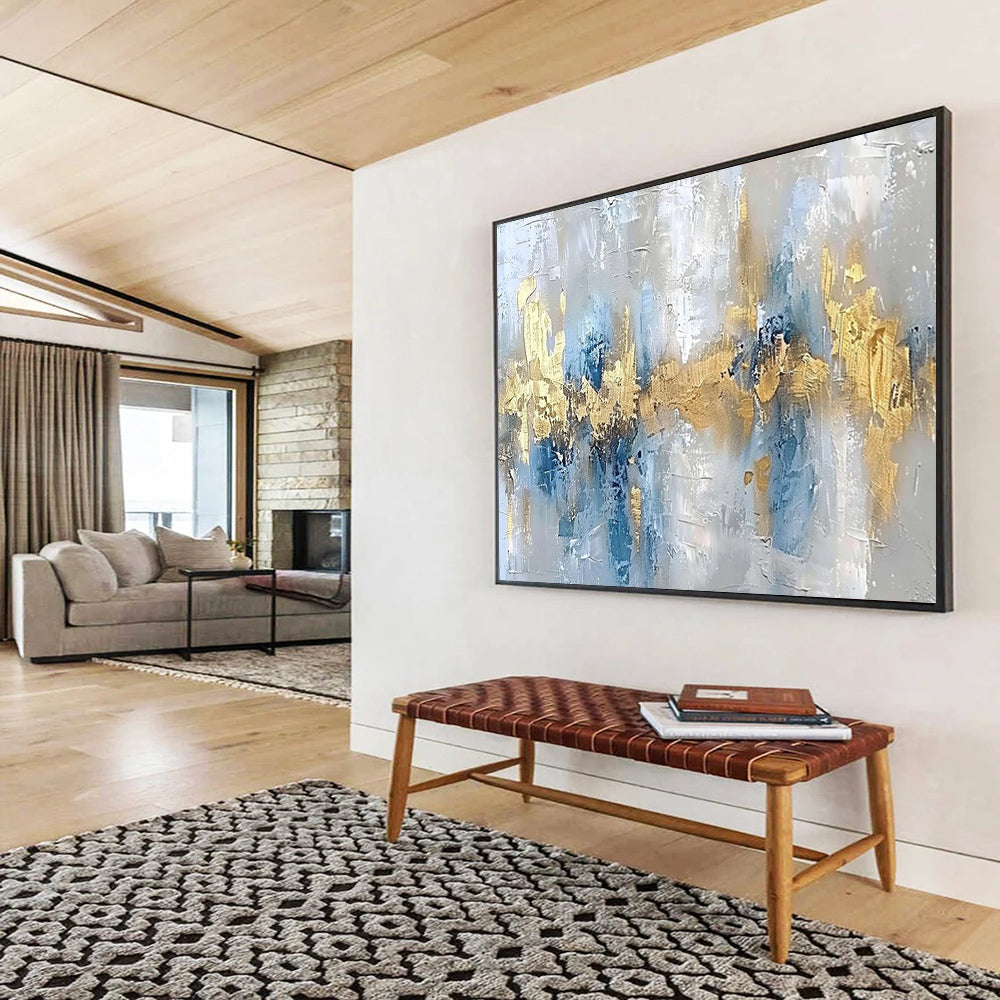 “Cool Blue & Gold Fusion” - Abstract Metallic Painting On Canvas PT046