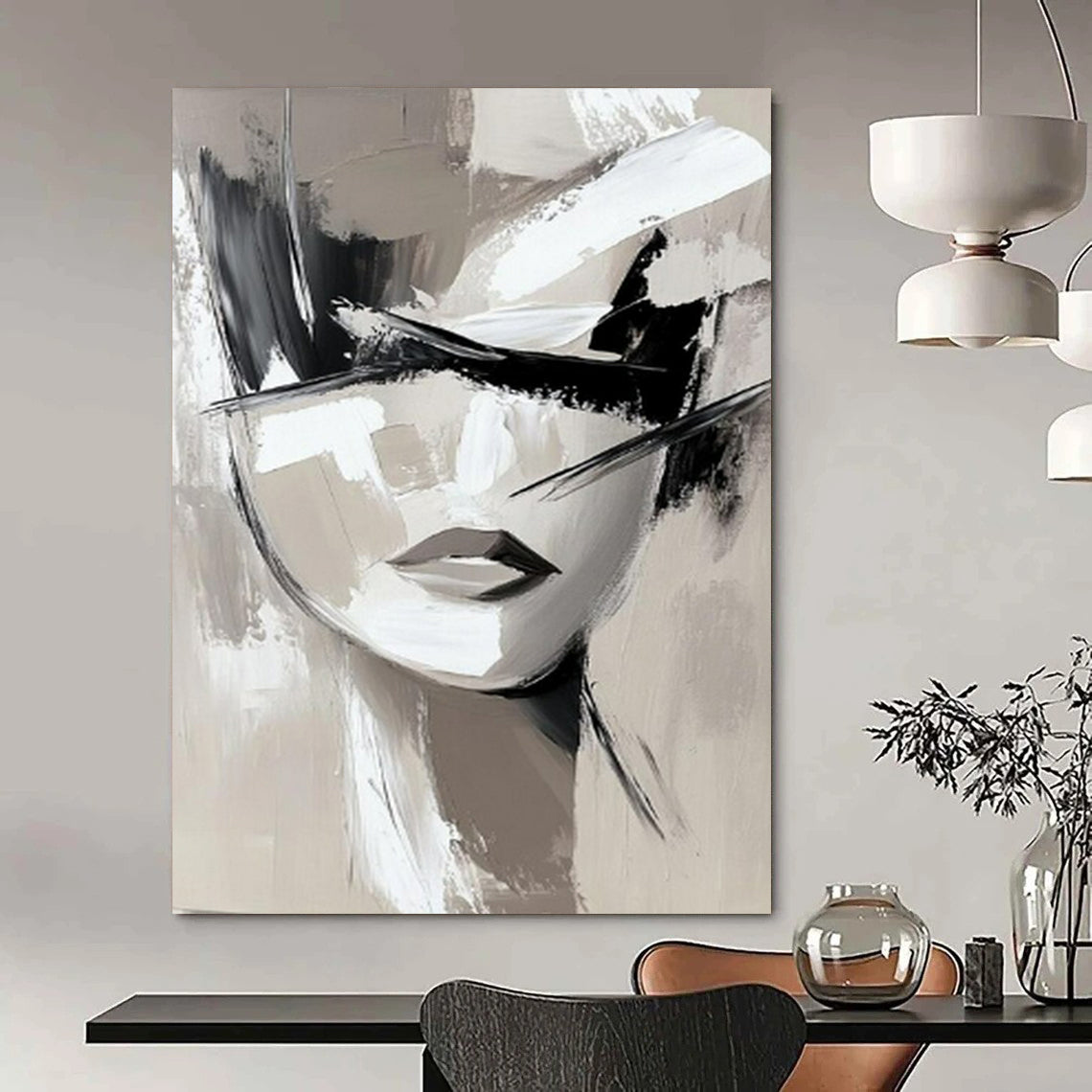“Monochrome Abstract Face” - Minimalist Acrylic Painting On Canvas PT2193