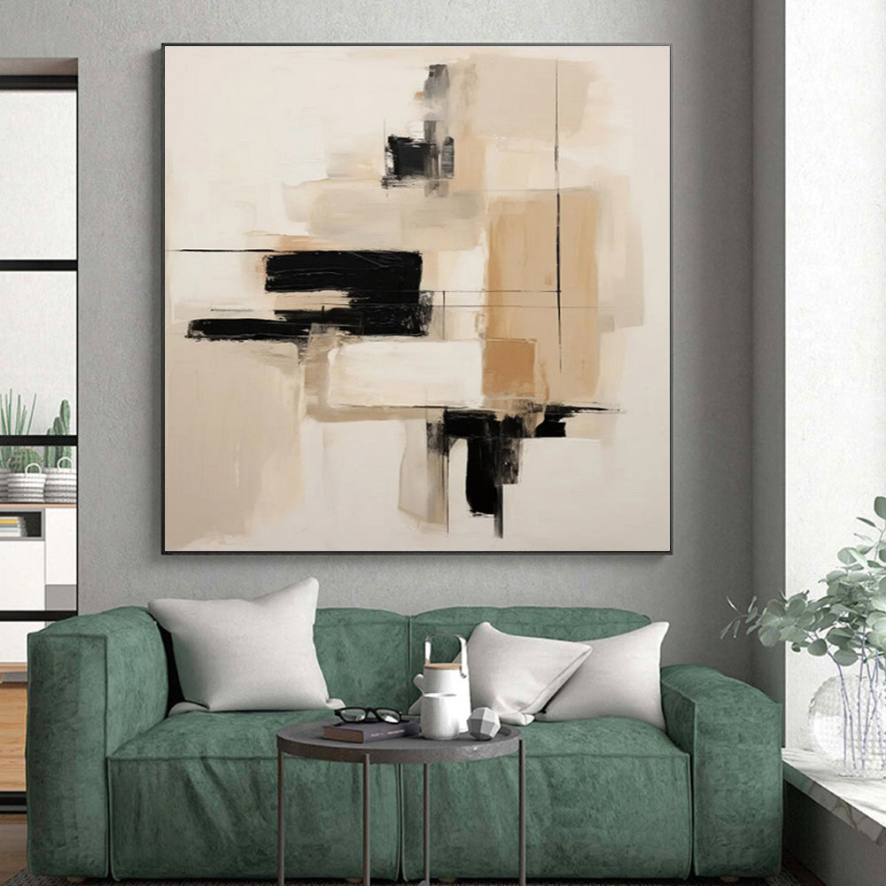 “Black - Beige Minimalist Abstraction” - Black, Beige Abstract Painting On Canvas PS0530
