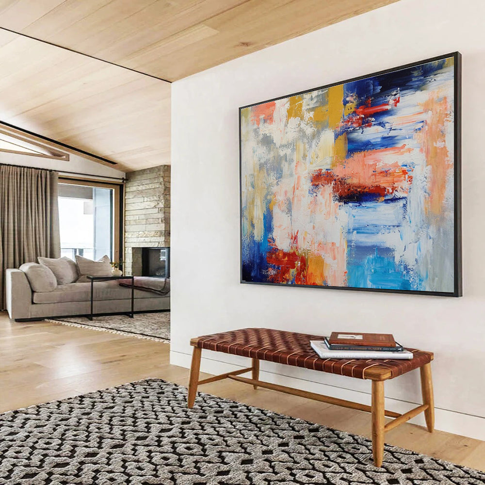 Color Clash: Blue, Yellow, Red & Gray Abstract Expressionist Painting for Art Gallery & Creative Hub DKS646