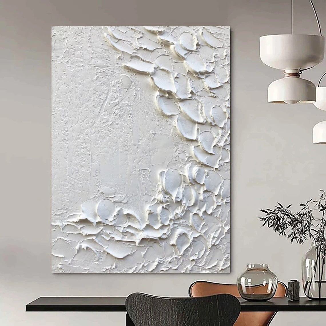“White Textured Abstract with Petal - like Forms” - Tactile Abstract Painting On Canvas DS373