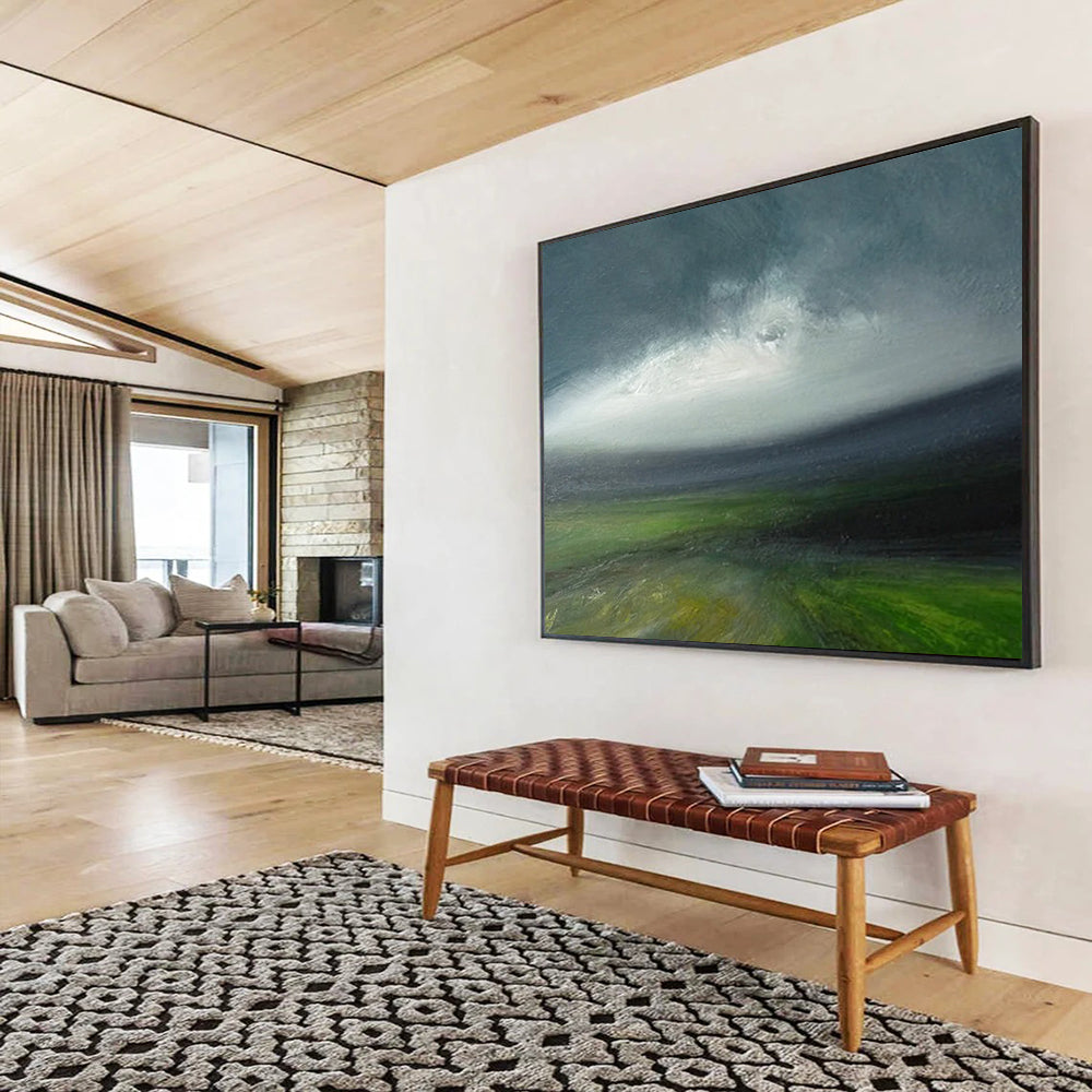 “Moody Green Landscape with a Hint of Blue” - Atmospheric Oil Painting On Canvas PT029