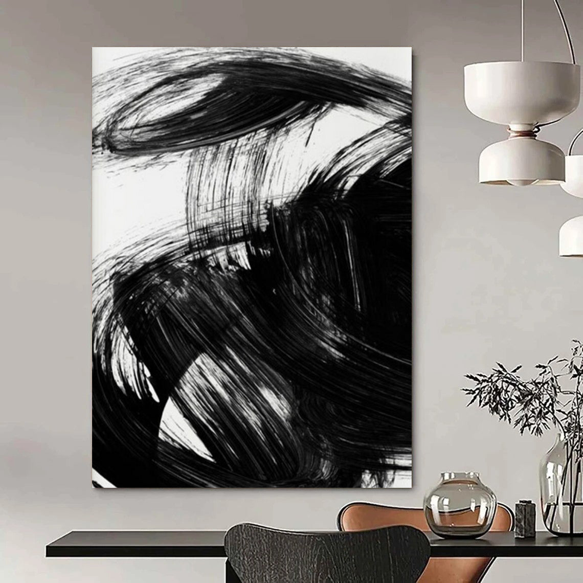 “Dynamic Black Brushstrokes” - Bold, Swirling Forms on White Background Painting On Canvas DS195