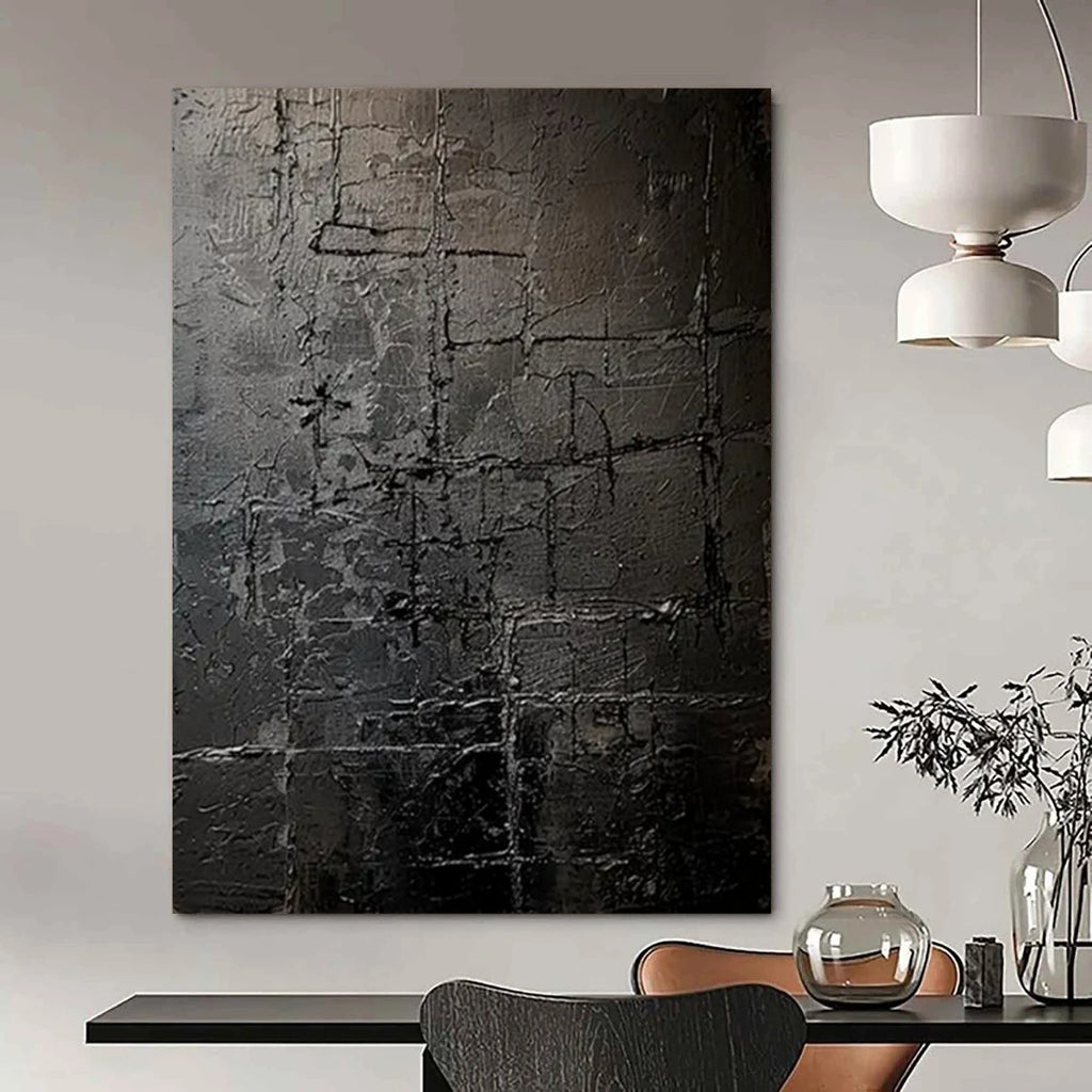 “Dark Gray Textured Grid” - Abstract Impasto Painting On Canvas PT2363