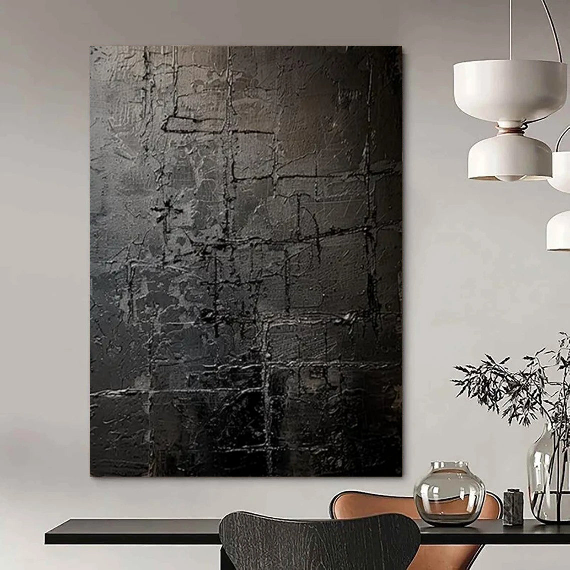 “Dark Gray Textured Grid” - Abstract Impasto Painting On Canvas PT2363