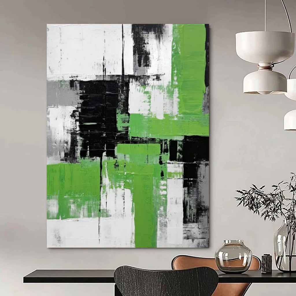 “Green, Black, and White Abstract” - Cubist - Inspired Geometric Painting On Canvas PT2267