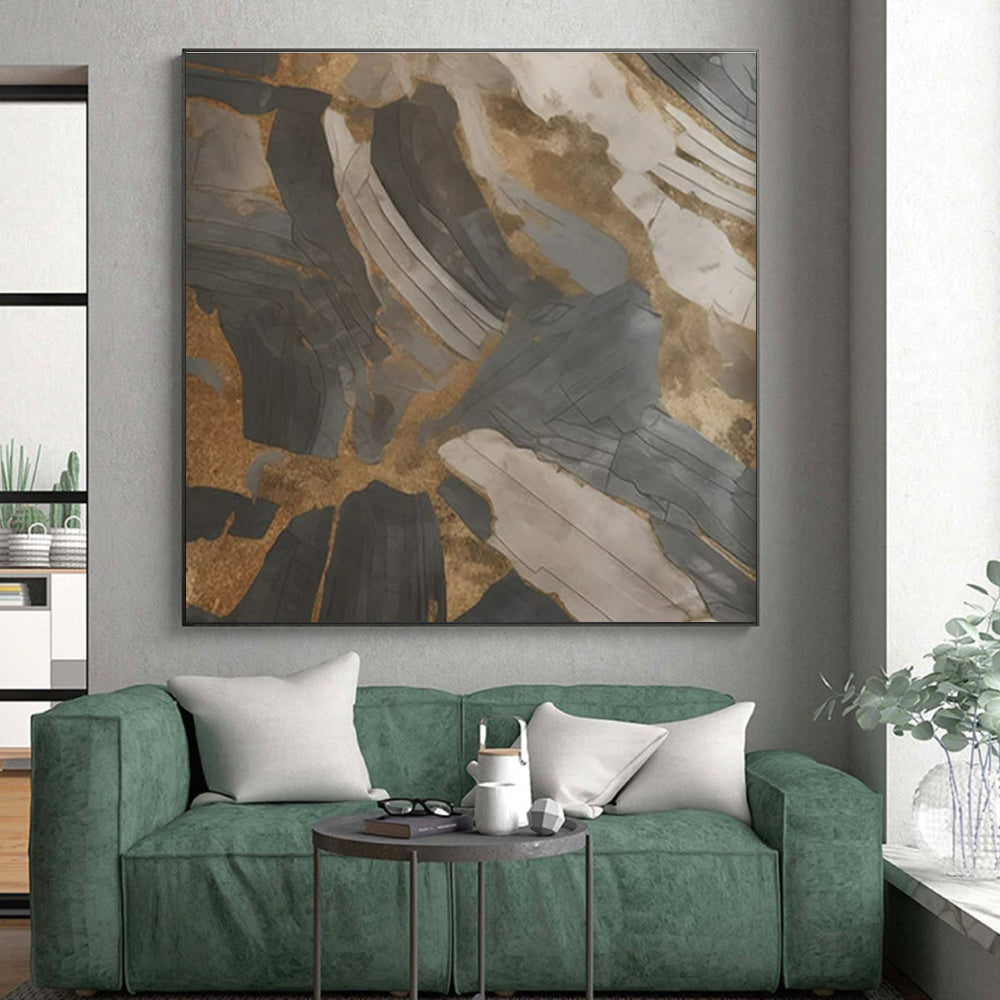 Gray, Gold & Black Abstract Shards "Urban Relic" Painting On Canvas PS0849