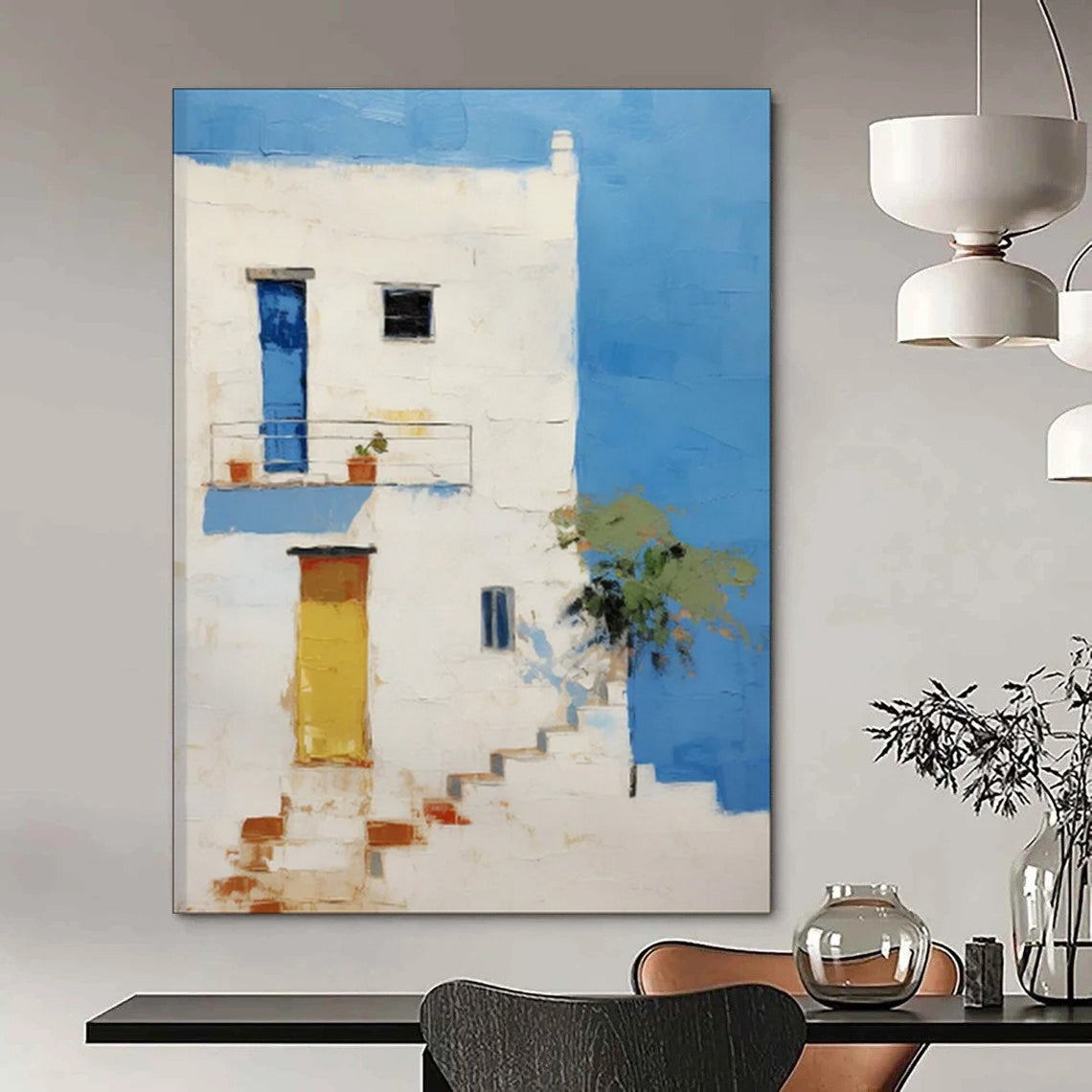 “White Building with Blue and Yellow Accents” - Impressionist Architecture Painting On Canvas PT1837