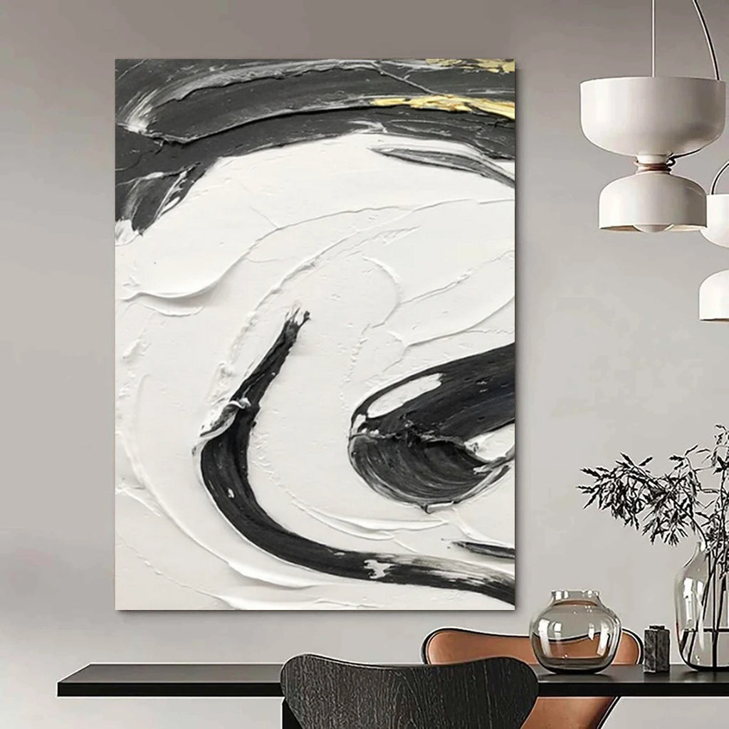 “Black, White, and Gold Swirl” - Luxurious Abstract Painting On Canvas DS378