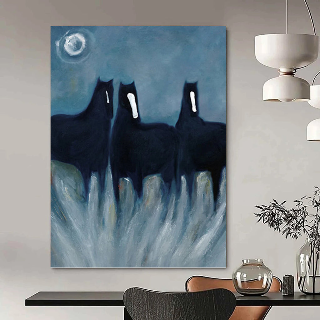 “Mystical Black Horses” - Expressionist - Inspired Animal Painting On Canvas PT1444