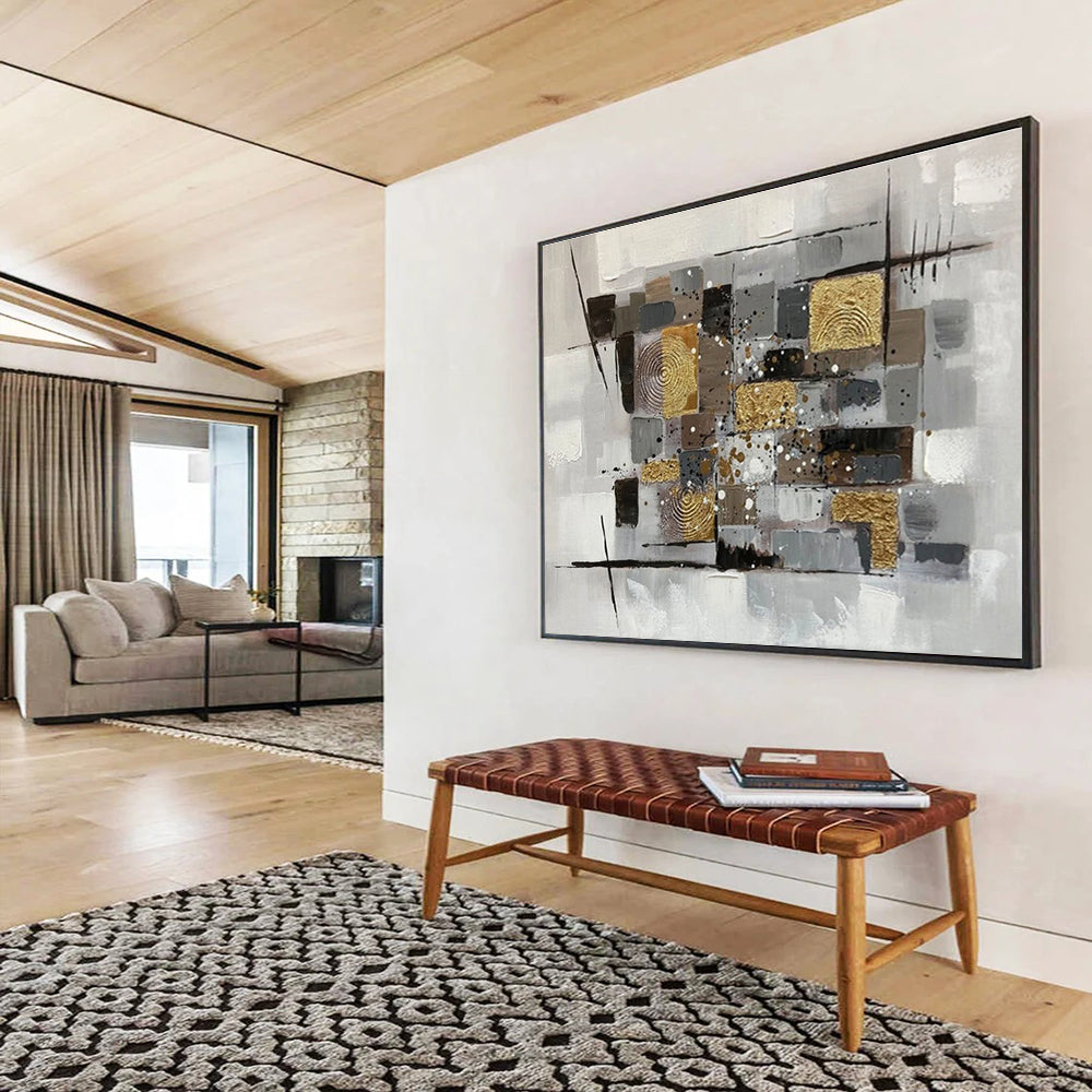 Gold - Accented Geometric Collage - Textured Abstract Painting On Canvas DKS353