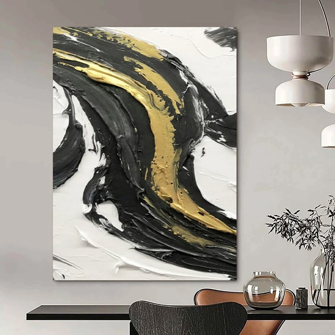“Black and Gold Accent Swirl” - Opulent Abstract Painting On Canvas DS379