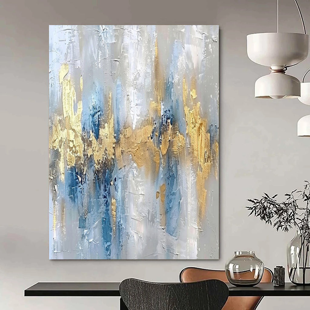 Gray, Blue, Gold, and White Textured, "Opulent Echo" – Textured Abstract Painting On Canvas PS1011