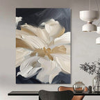 Cream and Black Floral "Luxe Petals" Impasto Flower Painting On Canvas PS1092