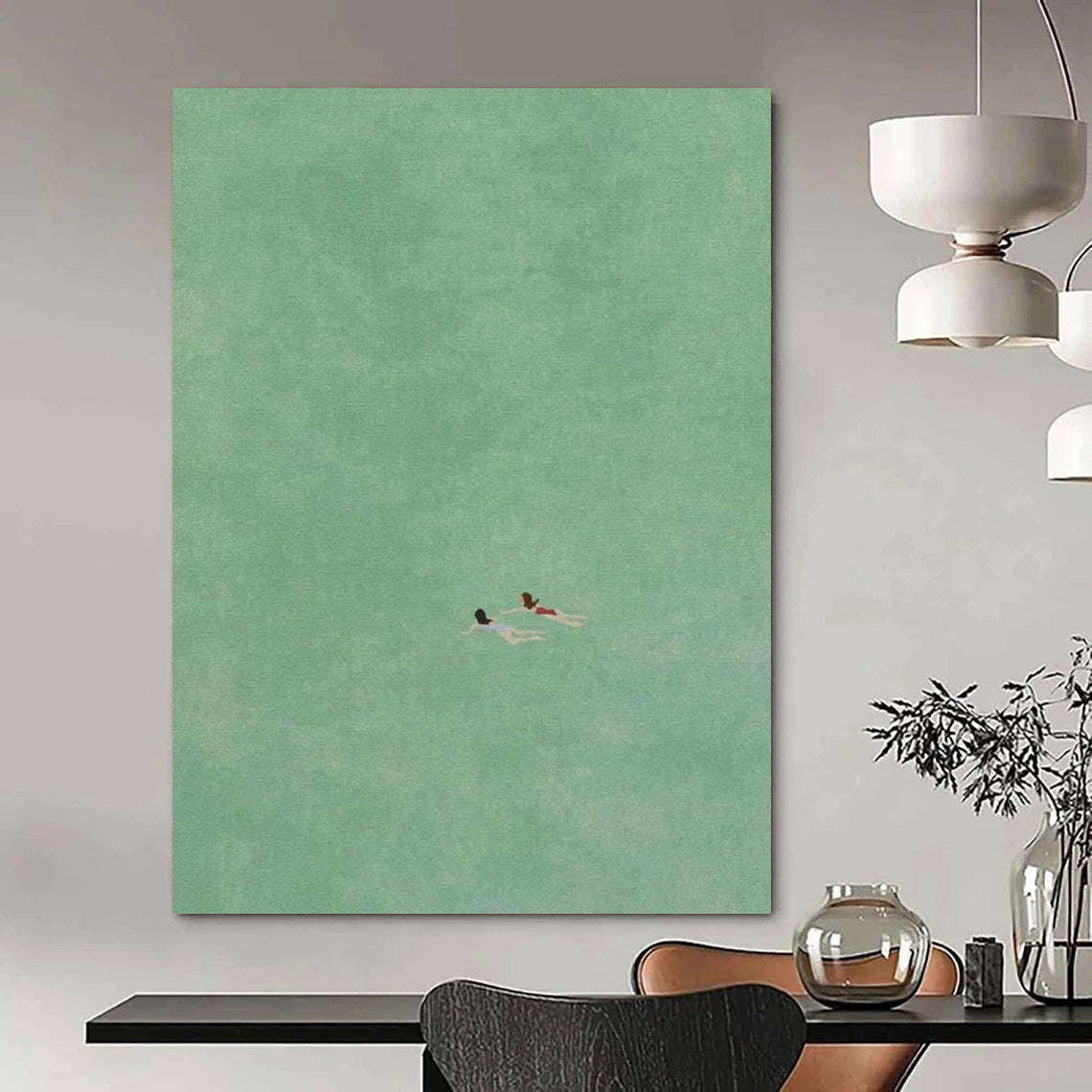 “Two Swimmers in Green” - Minimalist Figurative Painting On Canvas DS305