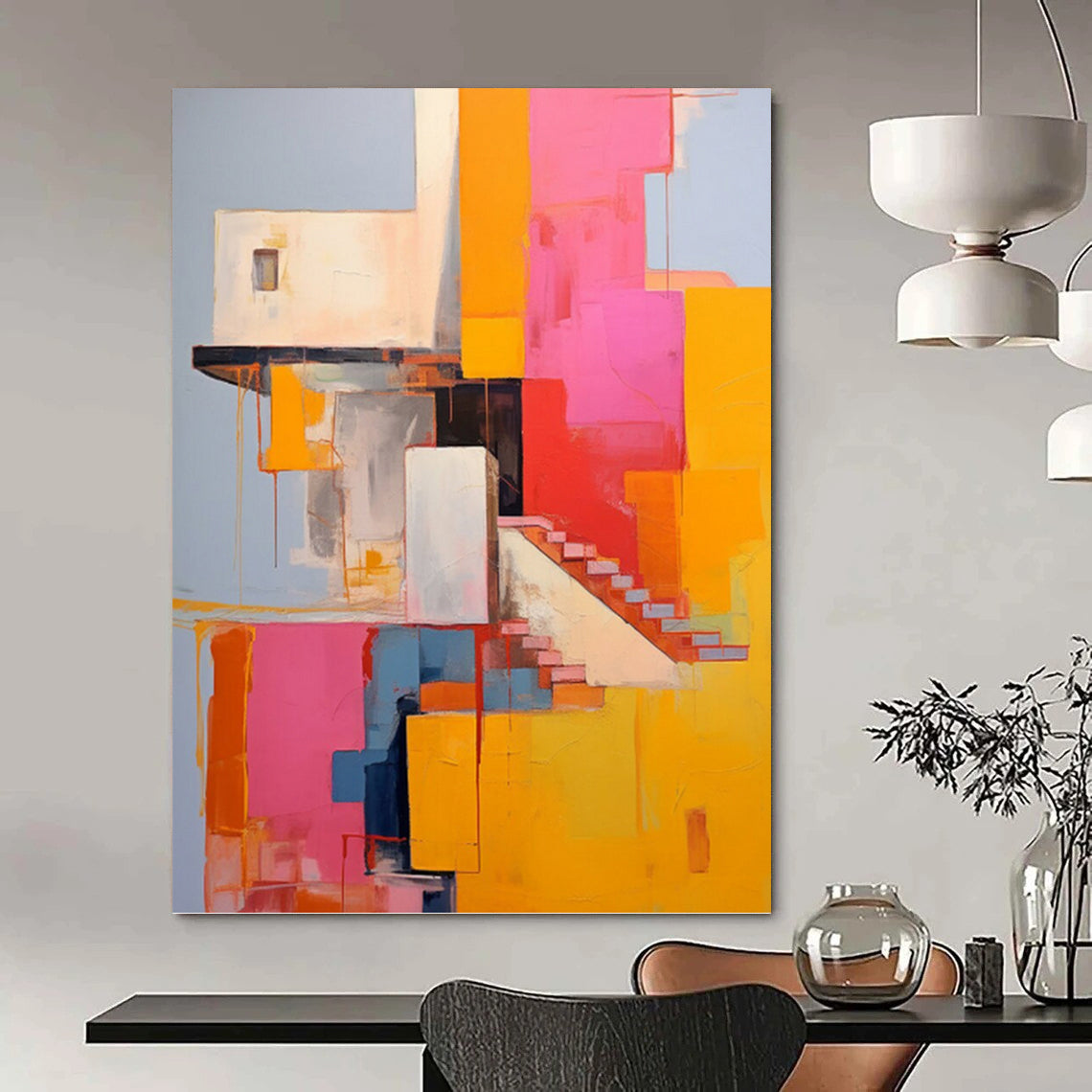 “Colorful Architectural Abstract” - Cubist - Inspired Painting On Canvas PT1323
