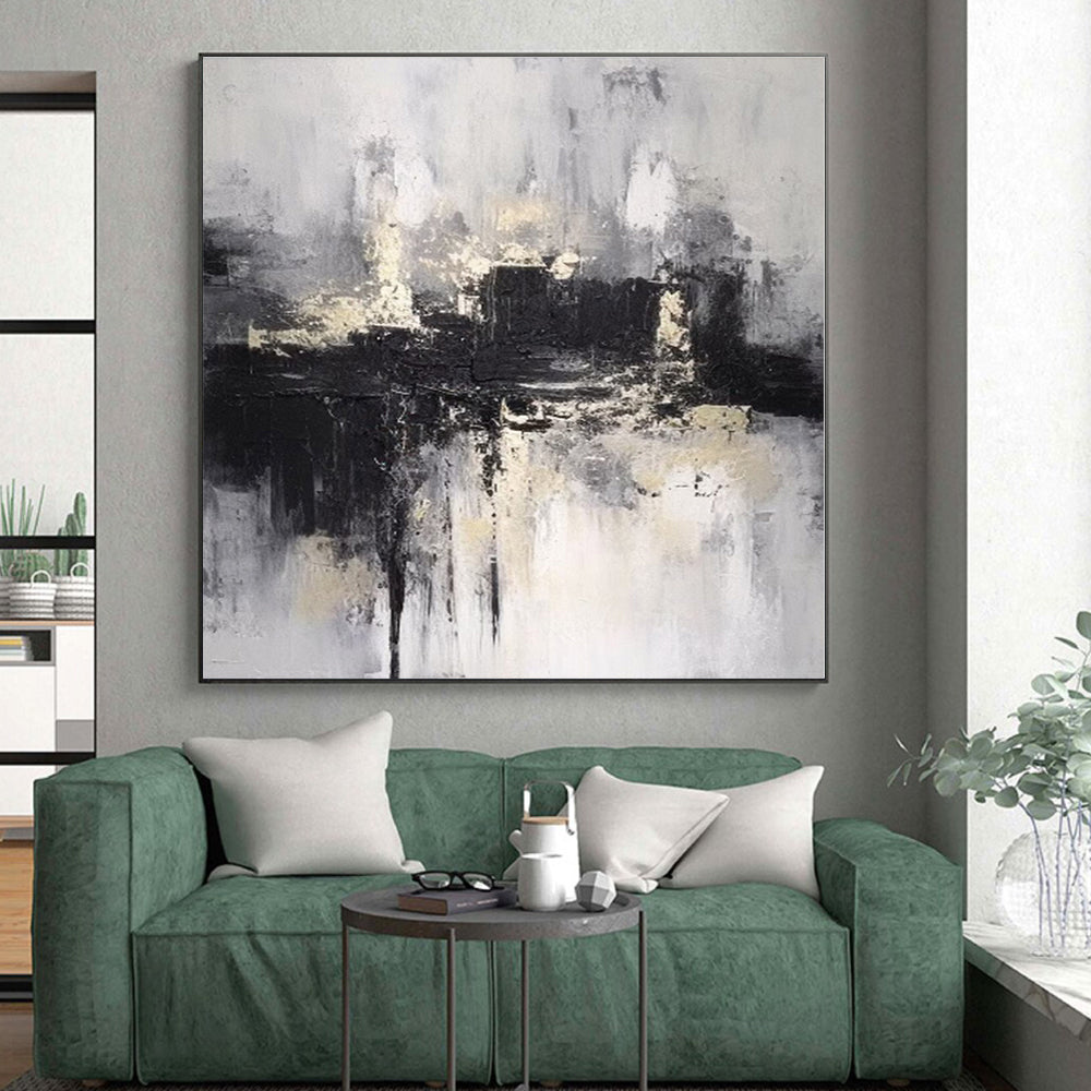 “Monochrome Textured City” - Black, White, Gray Abstract Cityscape Painting On Canvas PS0546