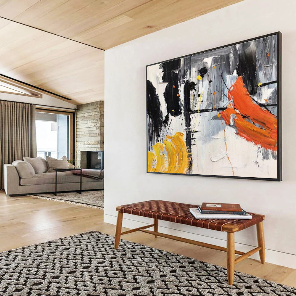 “Bold Black, Yellow, and Orange” Abstract Painting On Canvas DKS187