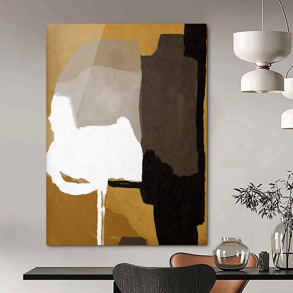 “Neutral Tones Geometric Abstract” - Gold, Gray & Black Shapes Painting On Canvas DS236