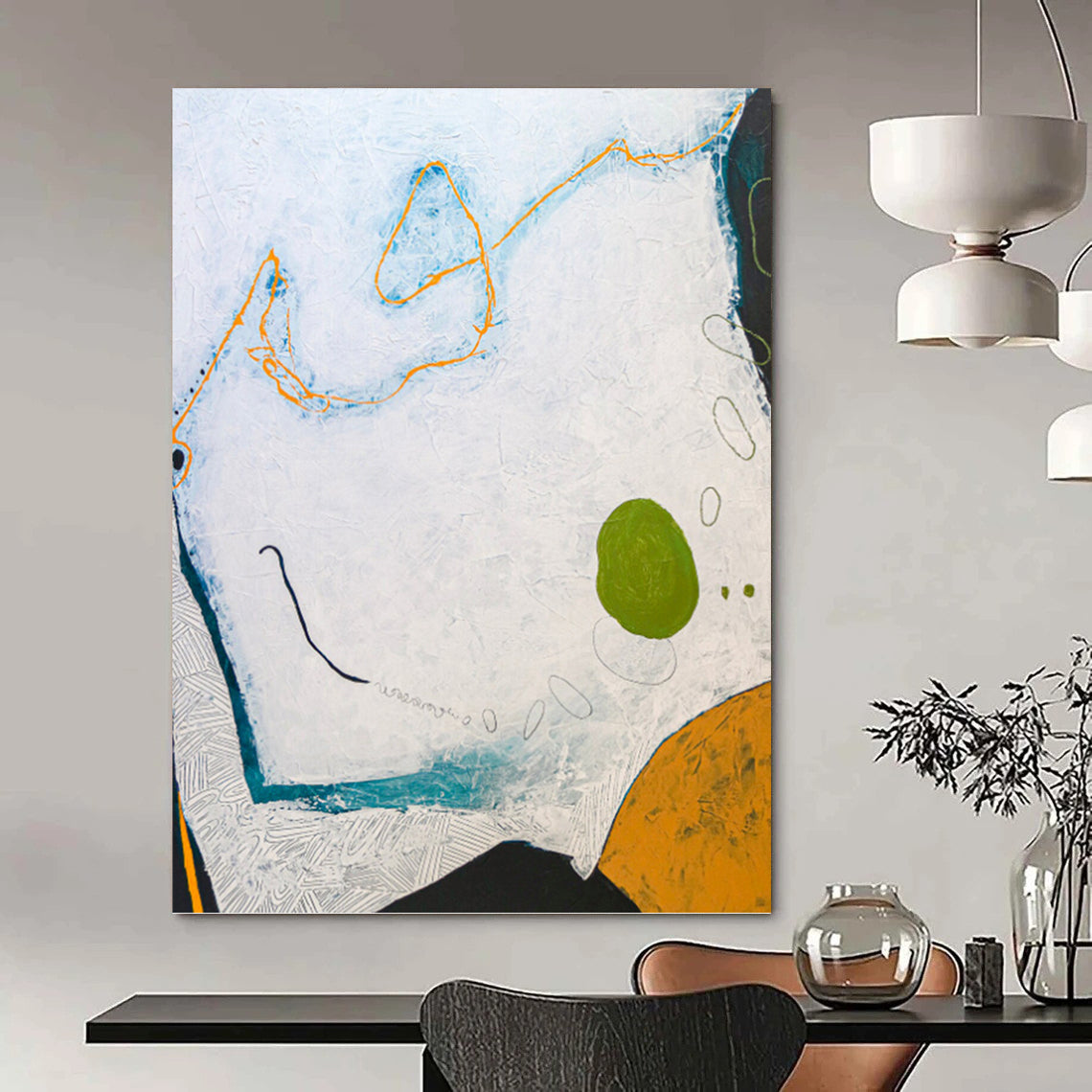 “White - Blue Abstract with Orange & Green” - Whimsical Abstract Painting On Canvas PT1110