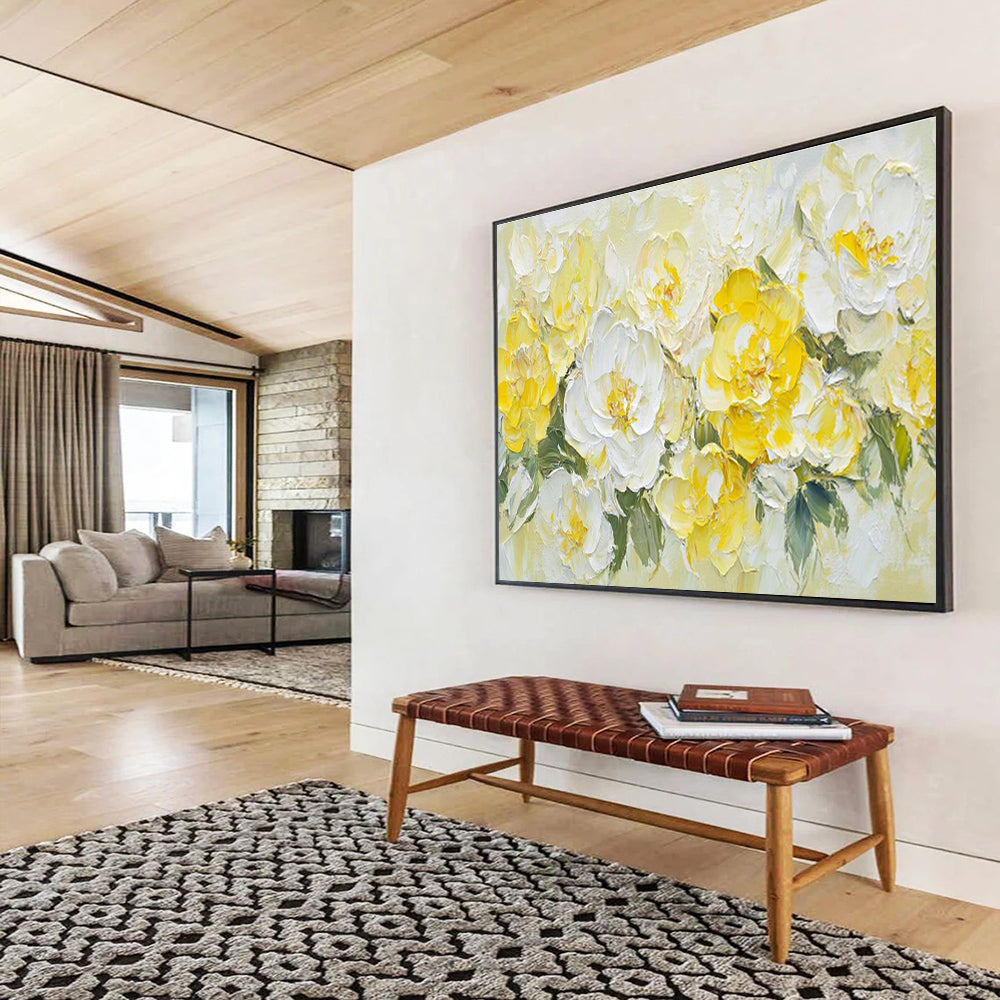 “Sunny Yellow & White Blooms” - Bright Floral, Impasto Flower Bouquet Painting On Canvas DKS696