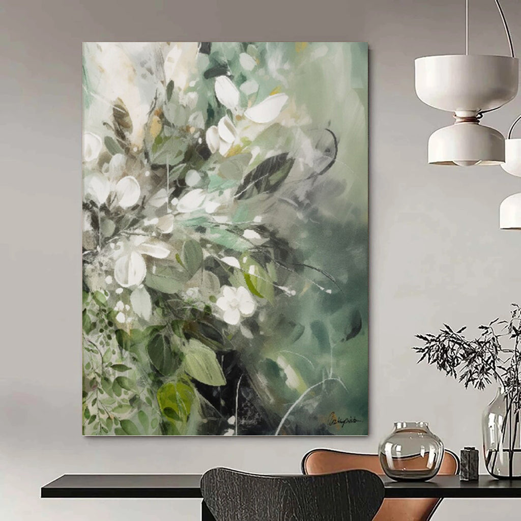 “Green - White Floral Blend” - Soft Floral Abstract Painting On Canvas PT1086