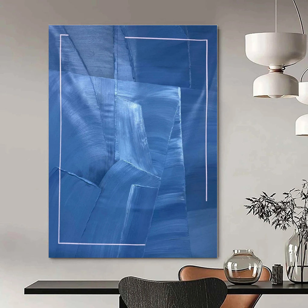 Blue with Layered Textures and White Frame "Blue Layers" Abstract Painting On Canvas PS1322