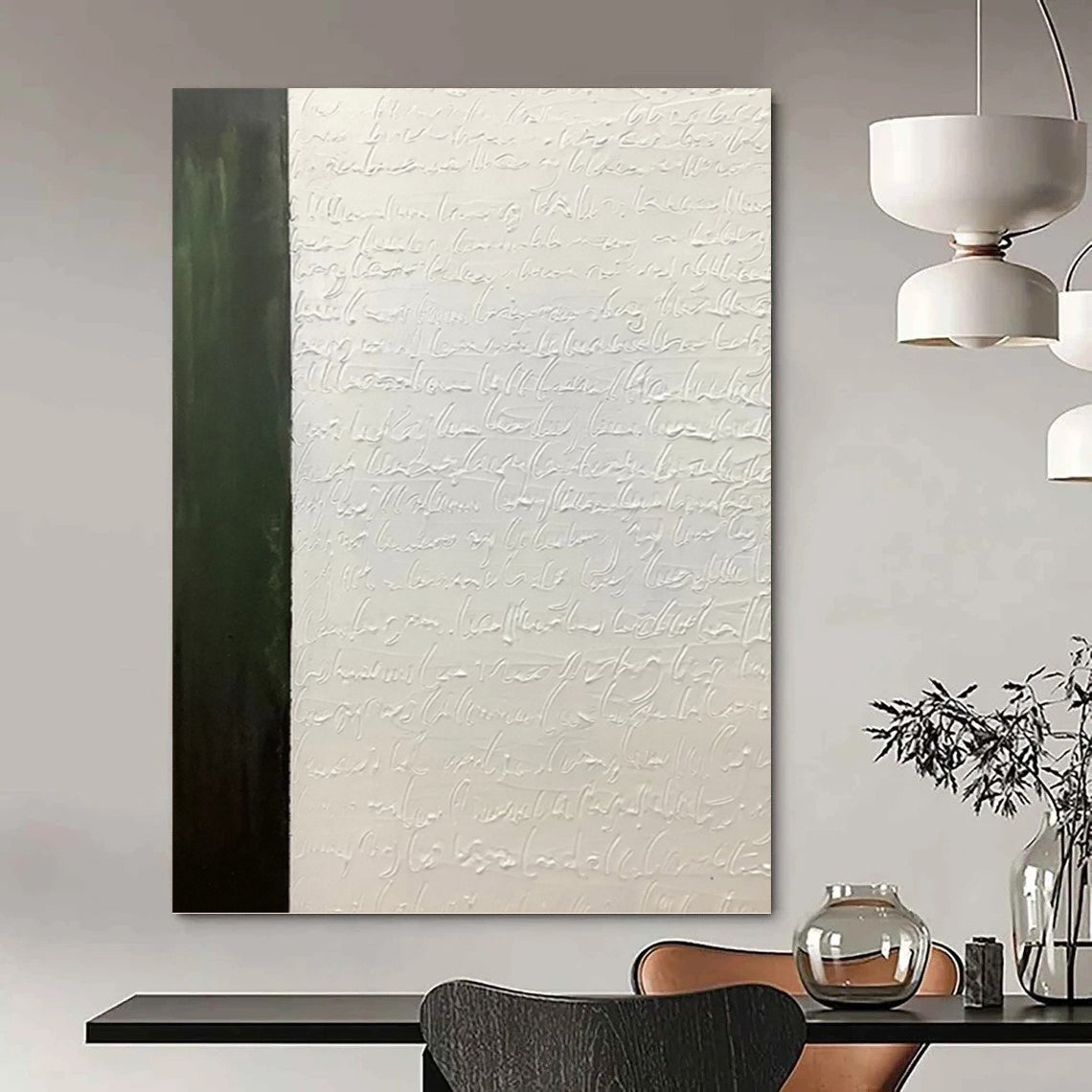 “Green - White Textured Script” - Textured Abstract Painting On Canvas PT1181