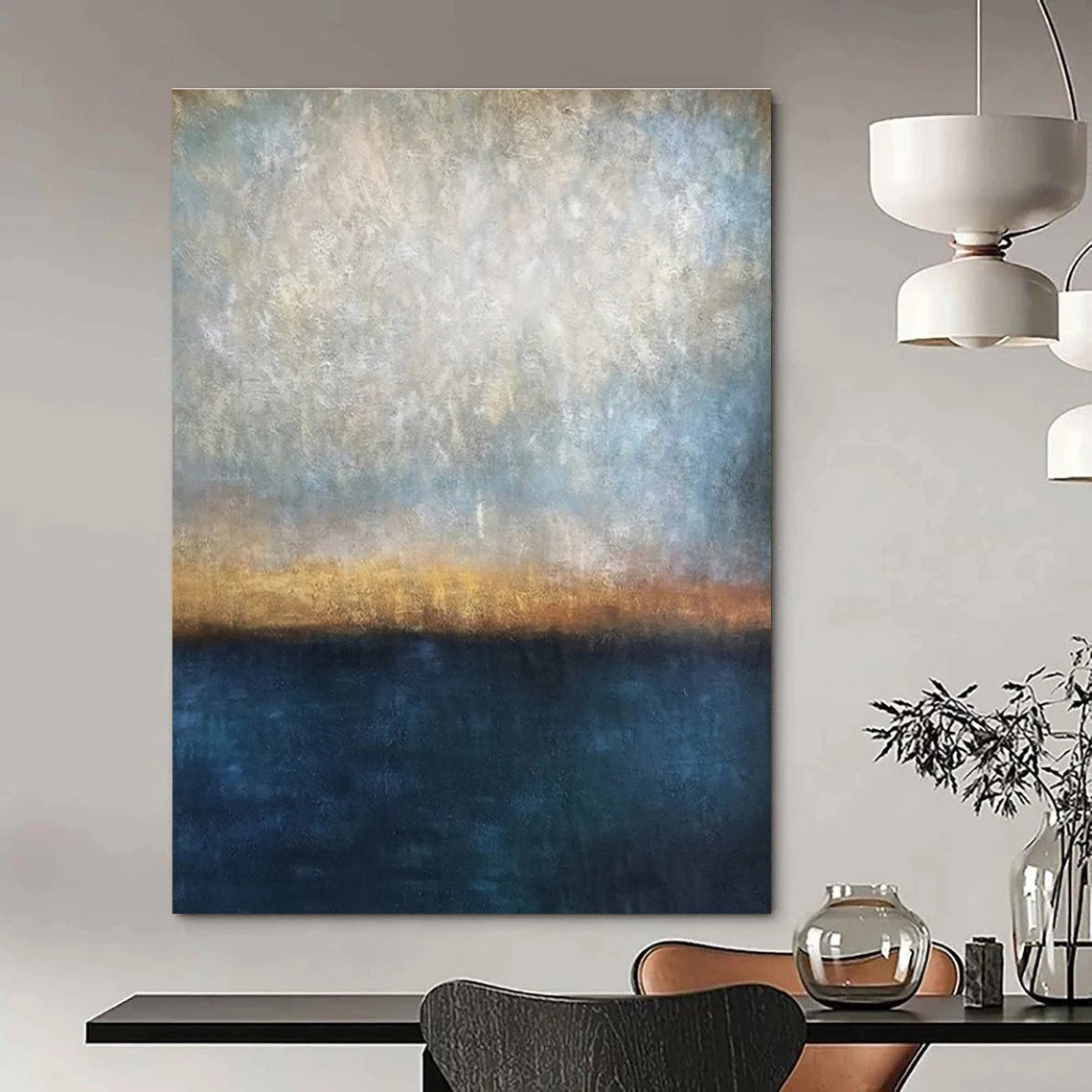 Blue, Gray, Gold, Brown with Gradient Layers "Coastal Dusk" Abstract Painting On Canvas PS1441