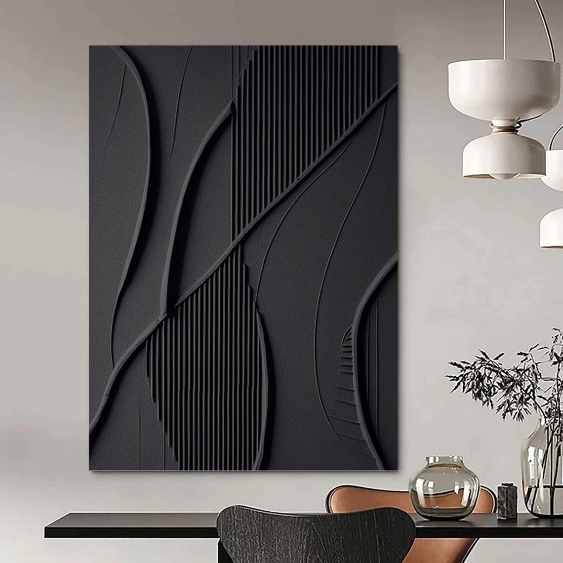 “Black Modern Curves” - Black, Textured Abstract Shapes Painting On Canvas PT1465