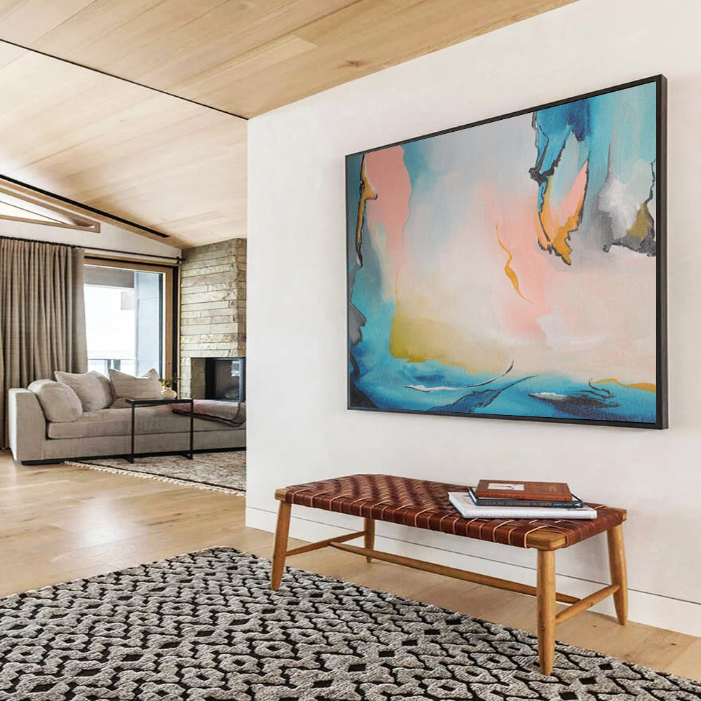 Blue, Pink & Yellow Fluid Abstract Painting On Canvas DKS021