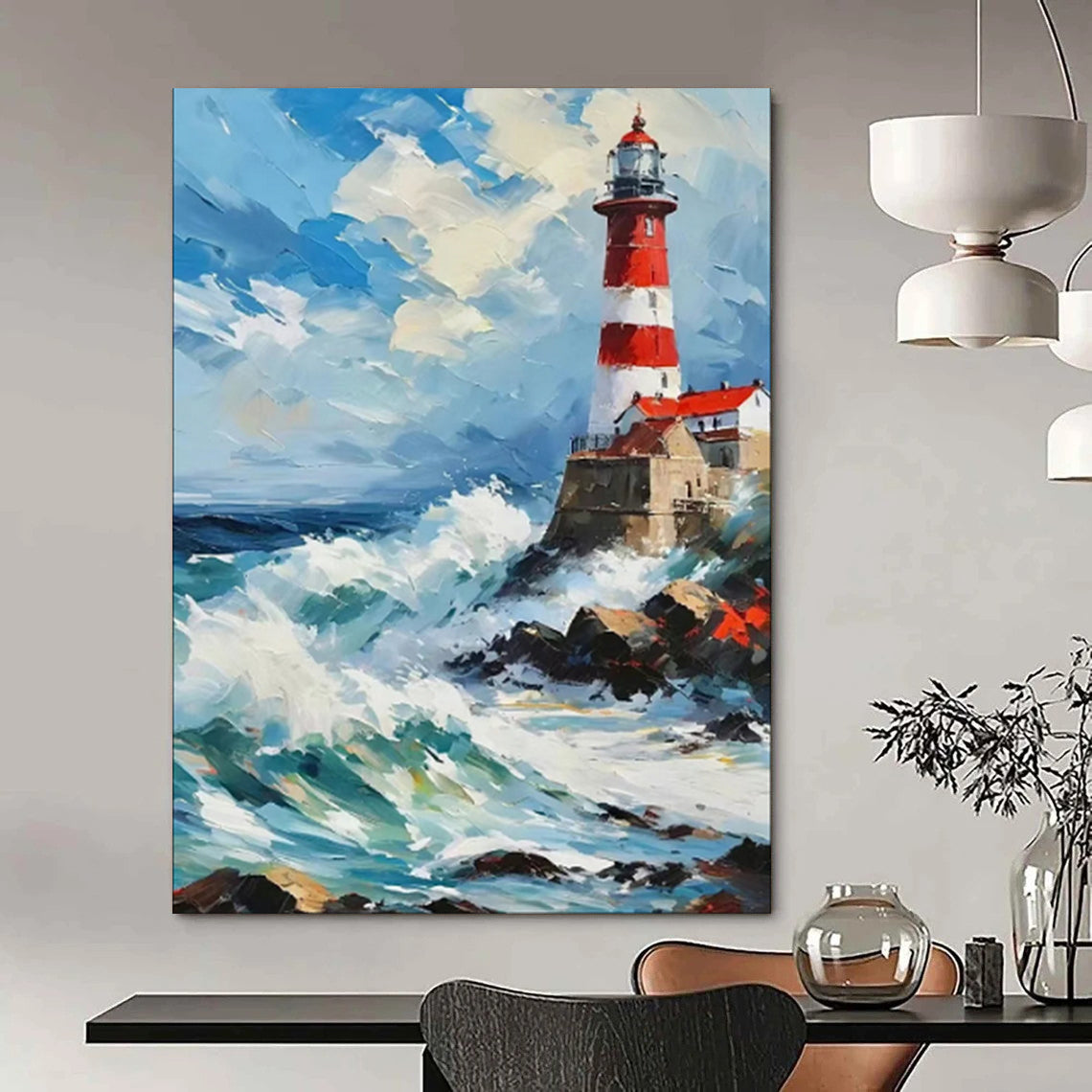 “Impasto Lighthouse in Stormy Seas” - Impasto Maritime Painting On Canvas PT1892
