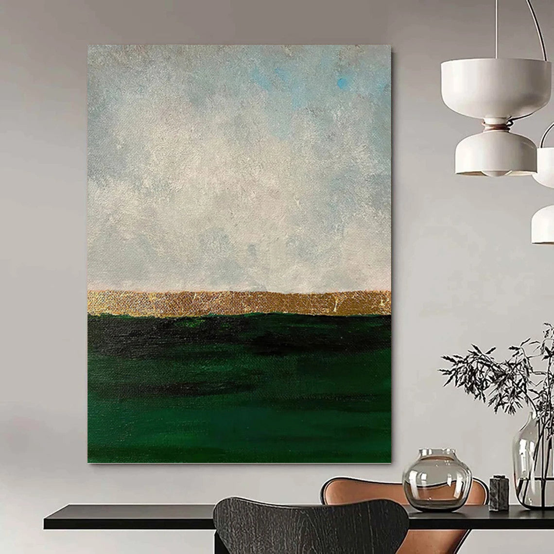 “Green - Grey - Gold Horizon” - Minimalist Abstract Painting On Canvas PT1206