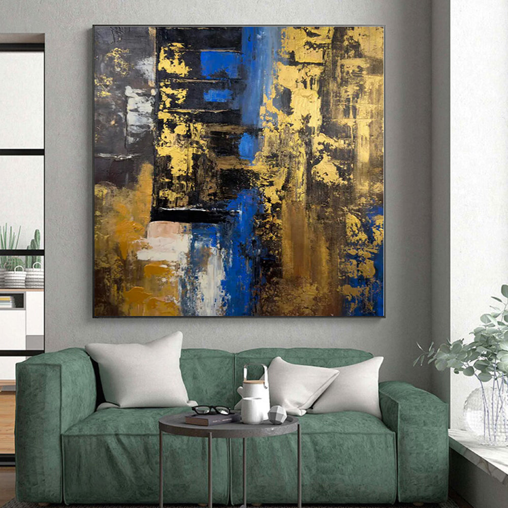 “Blue - Gold Abstract Layers” - Blue, Gold, Brown Abstract Painting On Canvas PS0445
