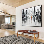 “Urban Rainy Day in Black and White with Red Accents” - Impressionistic Oil Painting On Canvas DKS895