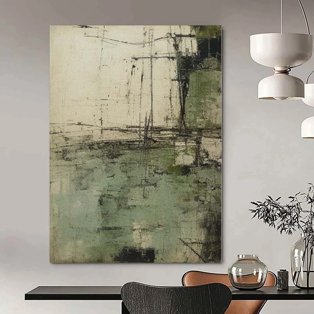 “Green - Gray Textured Abstract” - Rustic Abstract Painting On Canvas PS0166