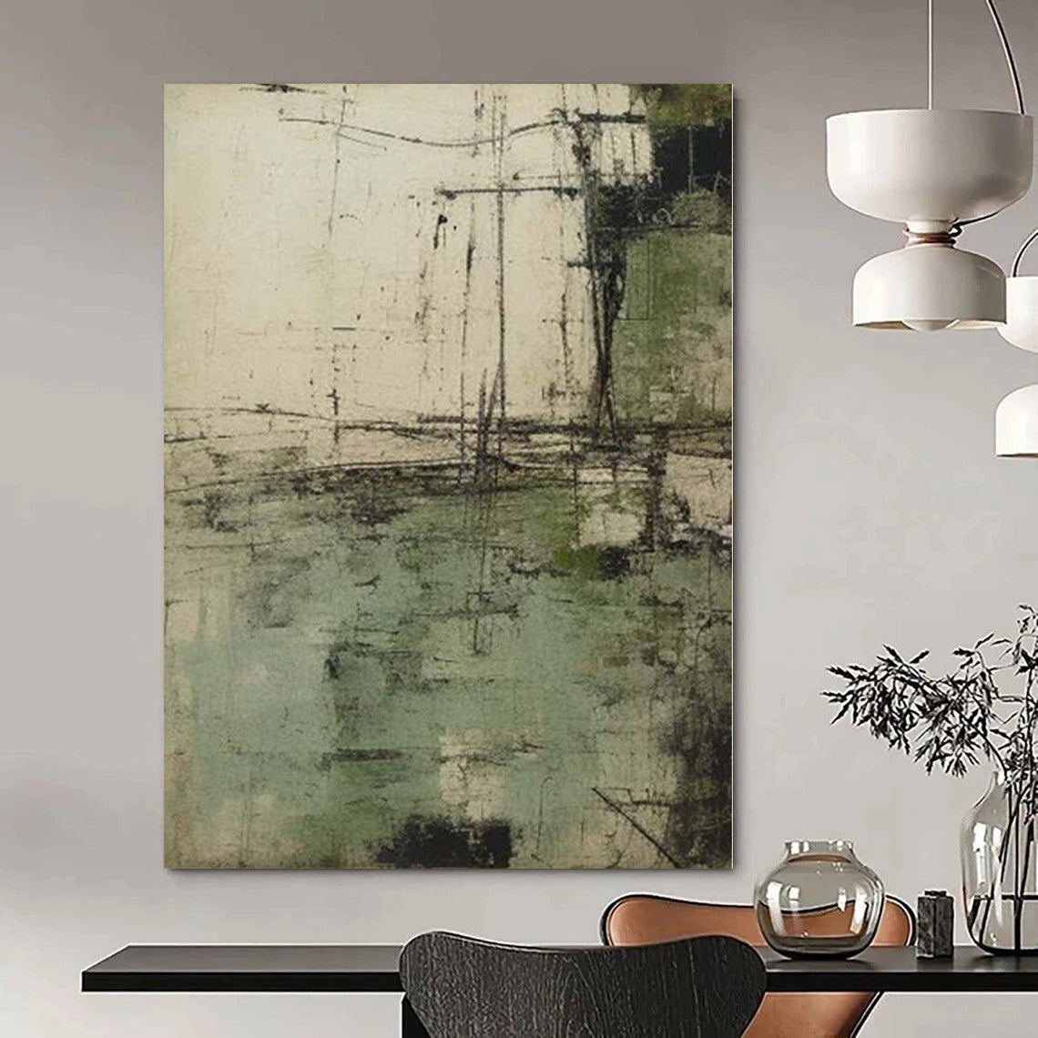 “Green - Gray Textured Abstract” - Rustic Abstract Painting On Canvas PS0166