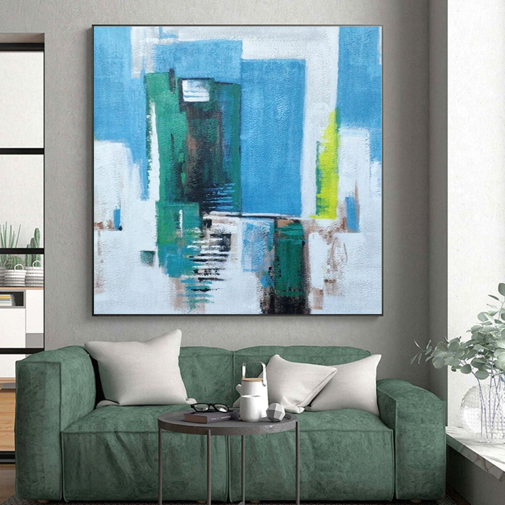 “Blue - Green Urban Abstraction” - Blue, Green, White Abstract Painting On Canvas PS0465