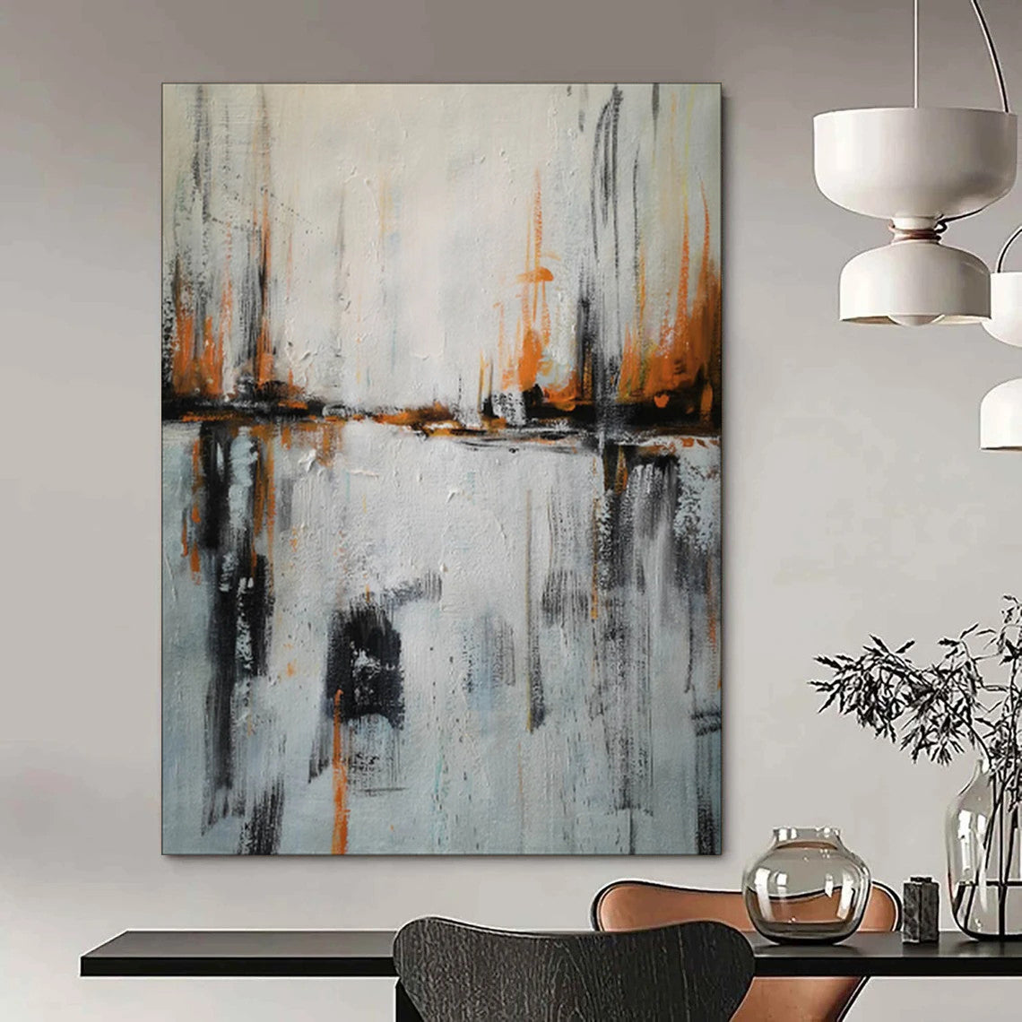 “Gray - Orange Abstract Reflection” - Abstract Landscape Painting On Canvas PT1973