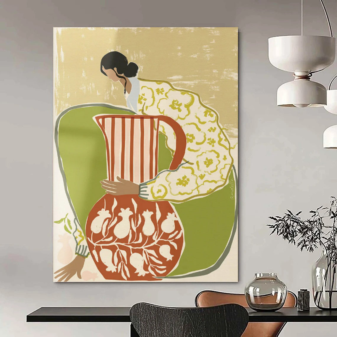 “Colorful Figure with Vessels” - Folk - Inspired Painting On Canvas PT1145