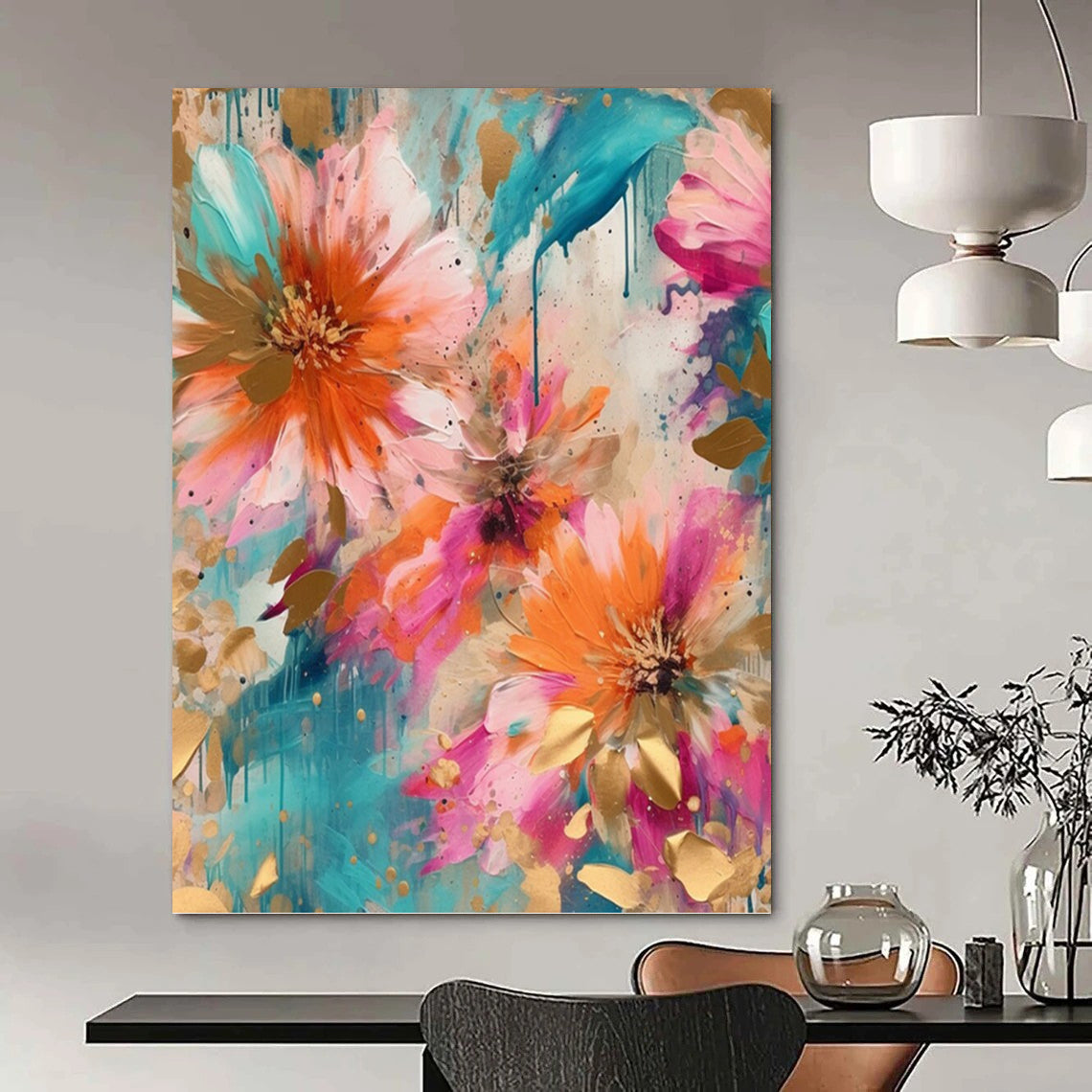 “Teal and Gold Floral” - Botanical, Luxe - Styled Painting On Canvas PT1598