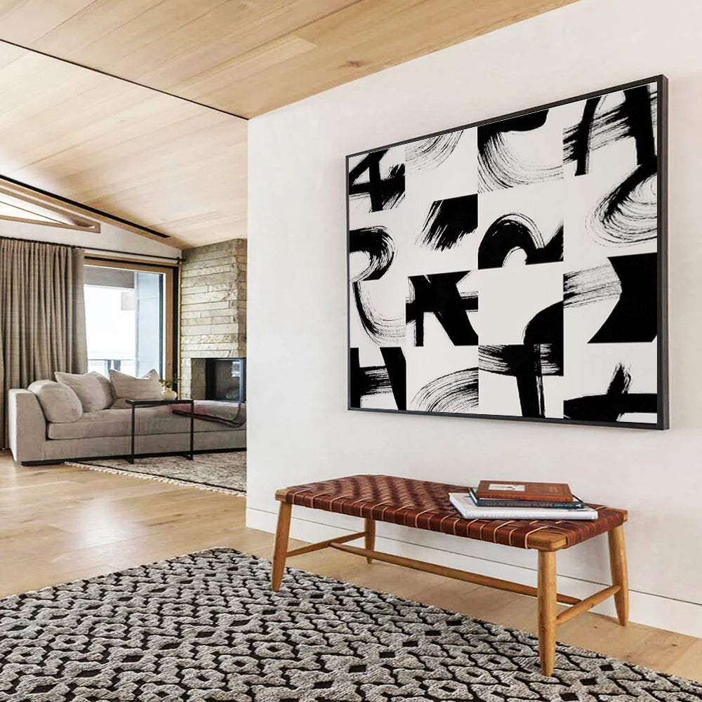“Geometric Black - White Brushstrokes” - Modern Abstract Painting On Canvas DKS447
