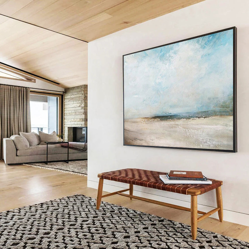 “Blue - White Abstract Beach” - Textured Skies “Cloudy Coast” Painting On Canvas PT1670