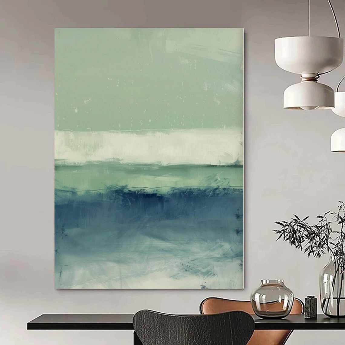 Green, Blue, White with Horizontal Bands "Coastal Layers" Abstract Painting On Canvas PS1378