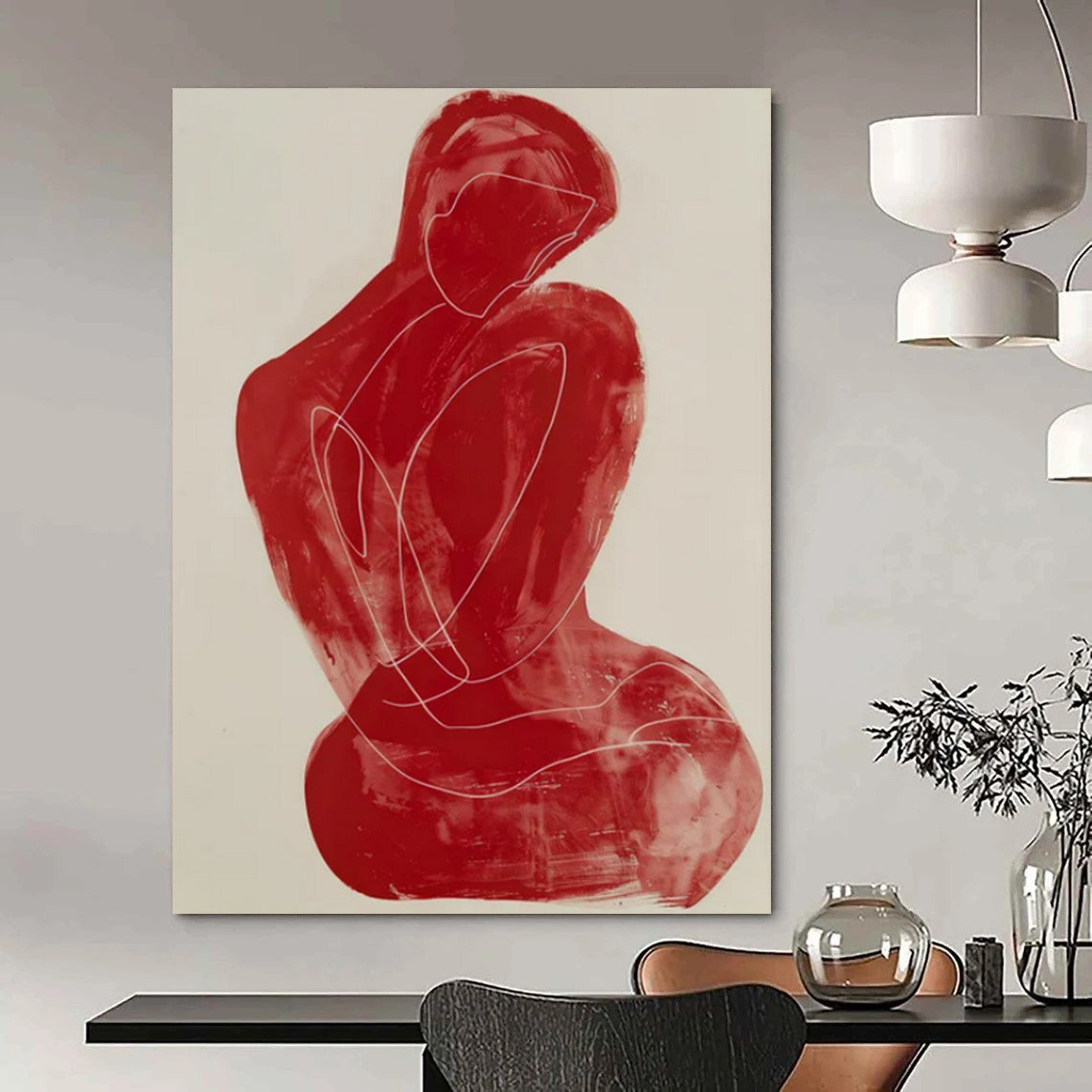 “Red Abstract Figure” - Minimalist Line Painting On Canvas PT2228