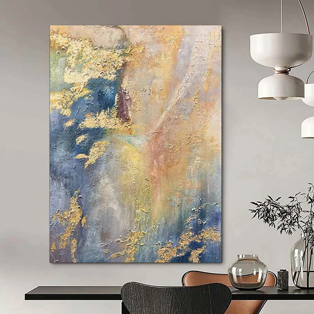 Gold - Blue Abstract Texture, Impressionistic Fusion, Monet - Inspired, Painting On Canvas PT2113