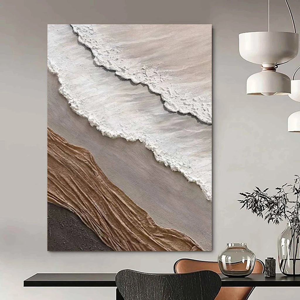 “White, Grey, and Brown Textured Wave Collage” - Mixed - Media Coastal Painting On Canvas DS344