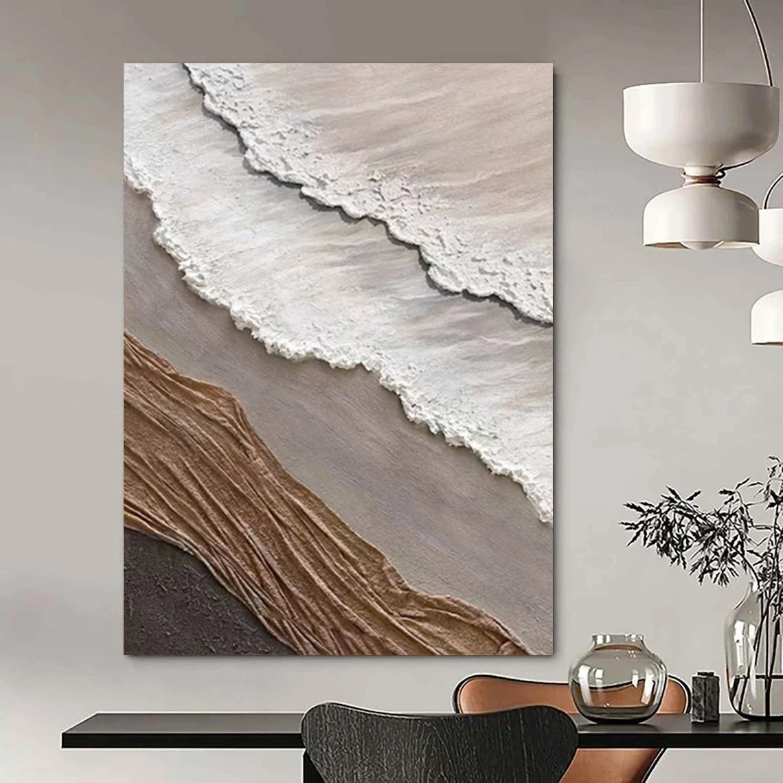 “White, Grey, and Brown Textured Wave Collage” - Mixed - Media Coastal Painting On Canvas DS344