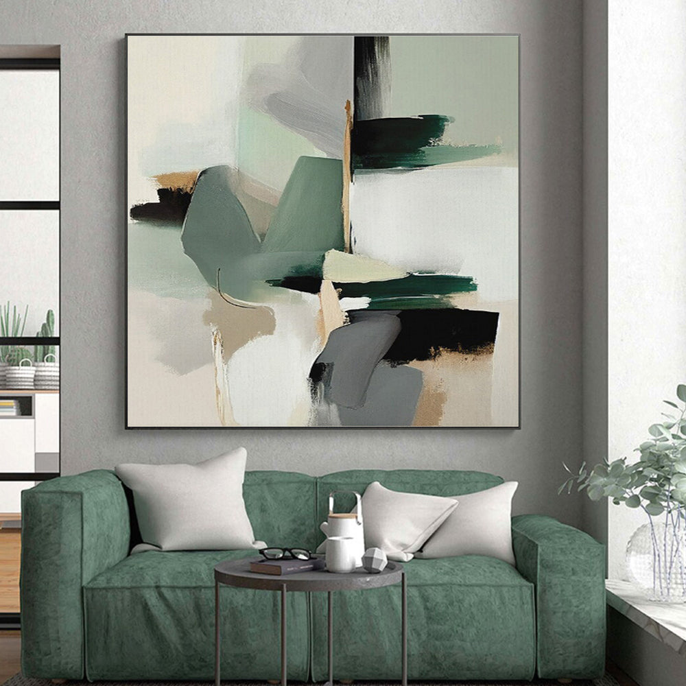 “Soft - Toned Geometric Fusion” - Light Green, Gray, Beige Geometric Abstract Painting On Canvas PS0746